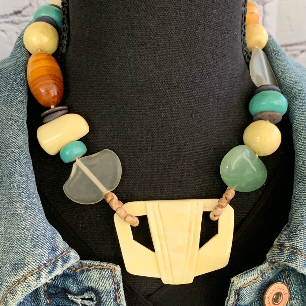 Artisan Hand Carved Bone Pendant Stone Beaded Chunky Necklace